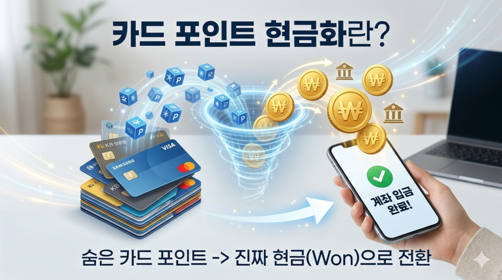 신용카드 포인트가 현금 원화(KRW)로 전환되어 스마트폰 계좌로 입금 완료되는 과정을 보여주는 인포그래픽
