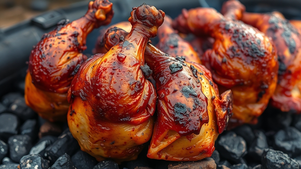 메뉴 소개: 닭 숯불구이와 특별 메뉴 (realistic 스타일)