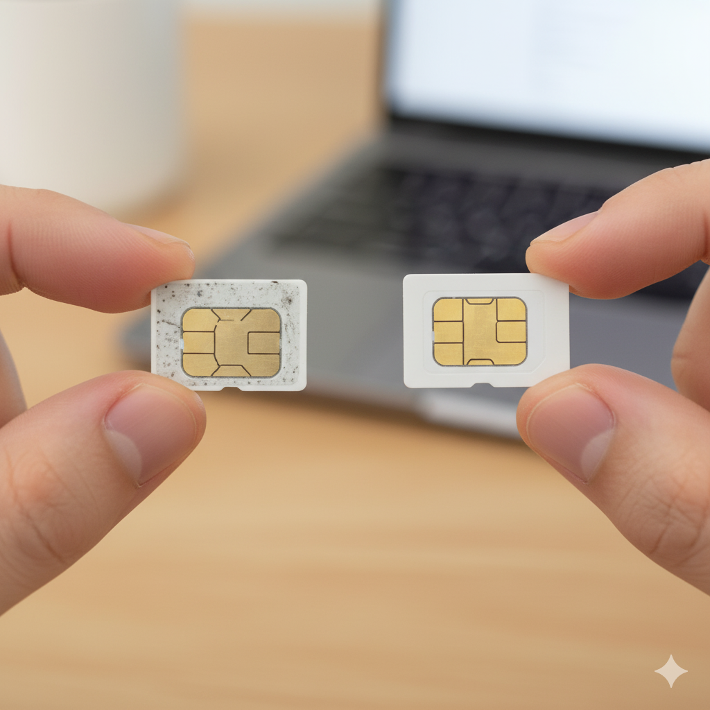 KT 유심 무상교체 2025년 혜택! 놓치지 마세요. 3 오래된 유심 칩과 새 유심 칩을 비교하는 손