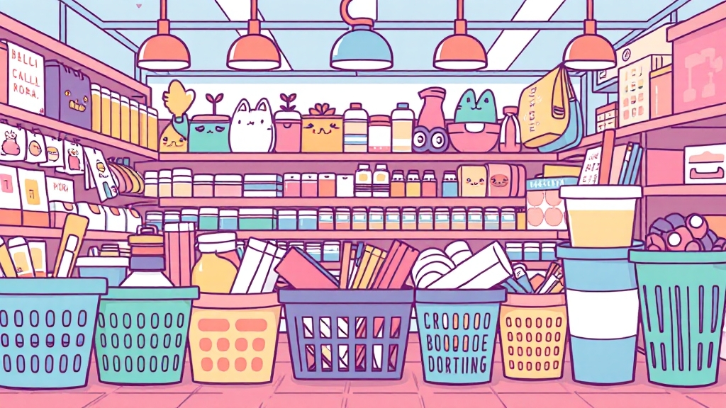 다이소 쇼핑 완전 정복: 추천템부터 꿀팁까지! (간식, 화장품, 주방용품) 3 다이소 추천 생활용품 (cartoon 스타일)