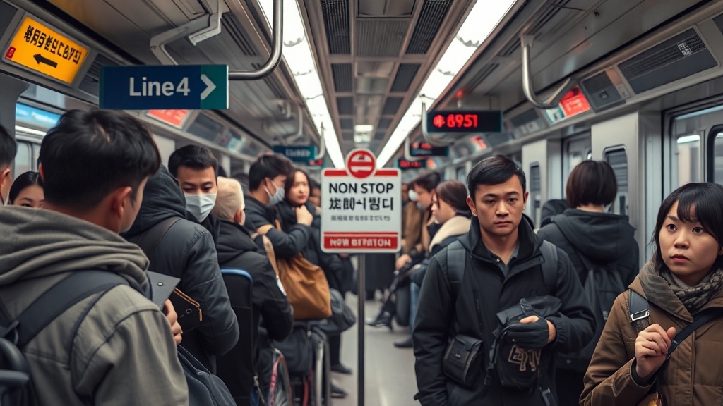 장애인 권리예산 공방: 전장연 시위에 4호선 무정차 통과가 발생한 배경은? 2 4호선 무정차, 무슨 일? (realistic 스타일)