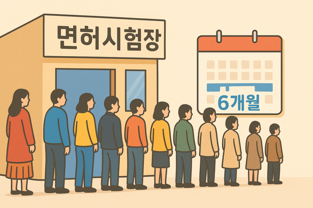 연말에 면허시험장에 길게 늘어선 줄과, 달력에 생일 전후 6개월 기간이 하이라이트된 이미지