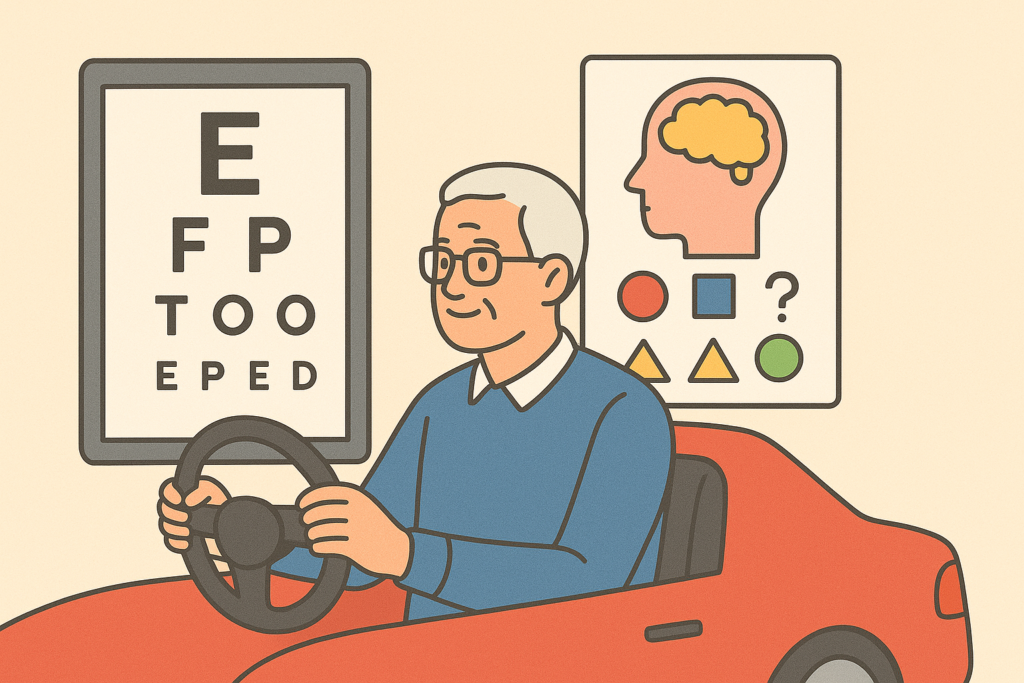 노년층 운전자가 운전 적성검사(시력, 인지 기능 등)를 받는 모습 또는 교육장에서 안전 교육을 받는 모습