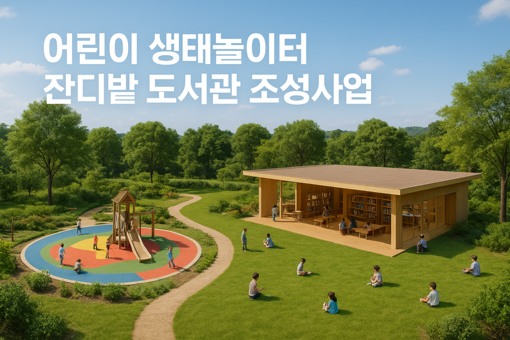 어린이 생태놀이터 + 잔디밭 도서관 조감도 느낌의 이미지]