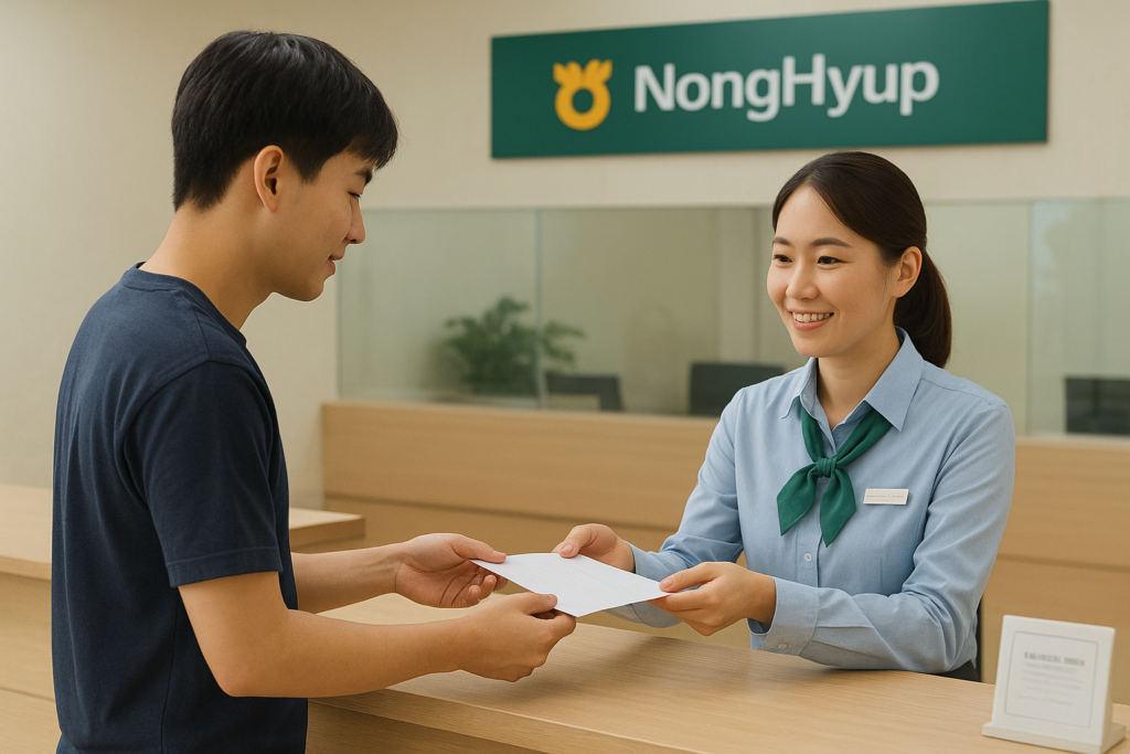 농협 창구에서 기부신청하는 장면