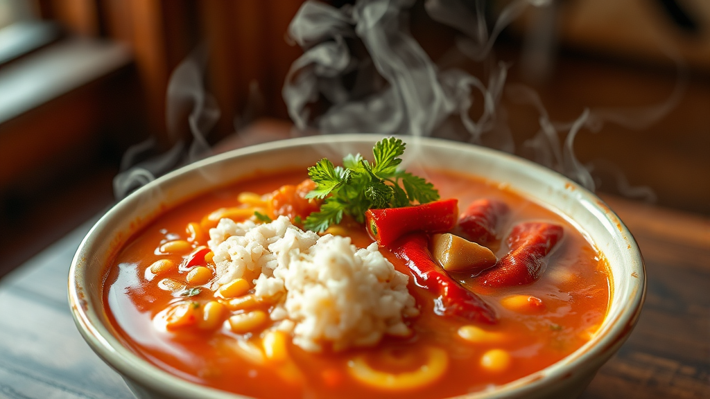 인기 메뉴 리뷰: 빨간반 라면 & 알 주먹밥 (realistic 스타일)