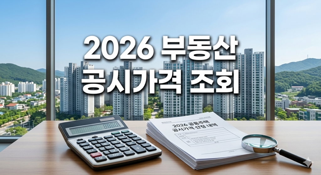 2026 부동산 공시가격 조회 방법 안내 이미지, 아파트 전경과 계산기 및 공시가격 산정 내역 서류가 놓인 책상 모습